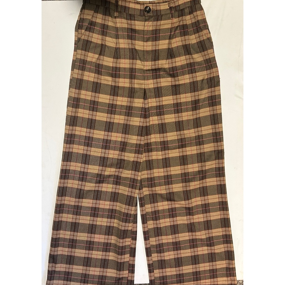 Versona High Rise Brown and Pink Plaid Wide Leg Pants 12 Short